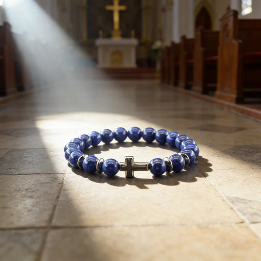 Prayer Cross Charm Natural Stone Beads Bracelet Men Women Rosary Hematite Cross Bracelet Onyx Meditation Bracelet Yoga Jewelry