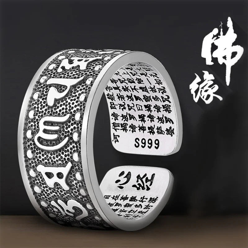 Retro Buddhism Heart Sutra Ring for Men Jewelry Wide Open Ring Male Buddha Mantra Iscripture Index Finger Accessories