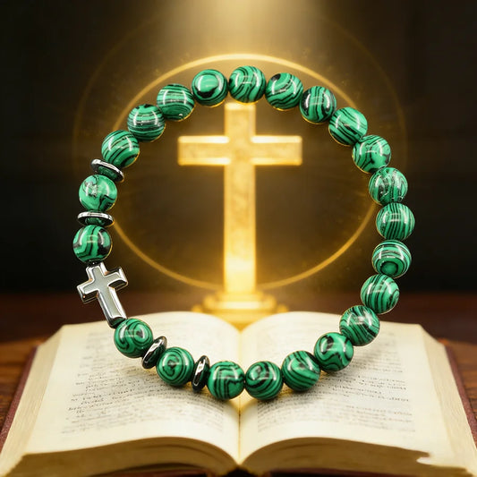 Cross Charm Natural Stone Bracelet Malachite Beaded Bracelet Handmade Men Women Prayer Fitness Chain Couple Matching Jewelry