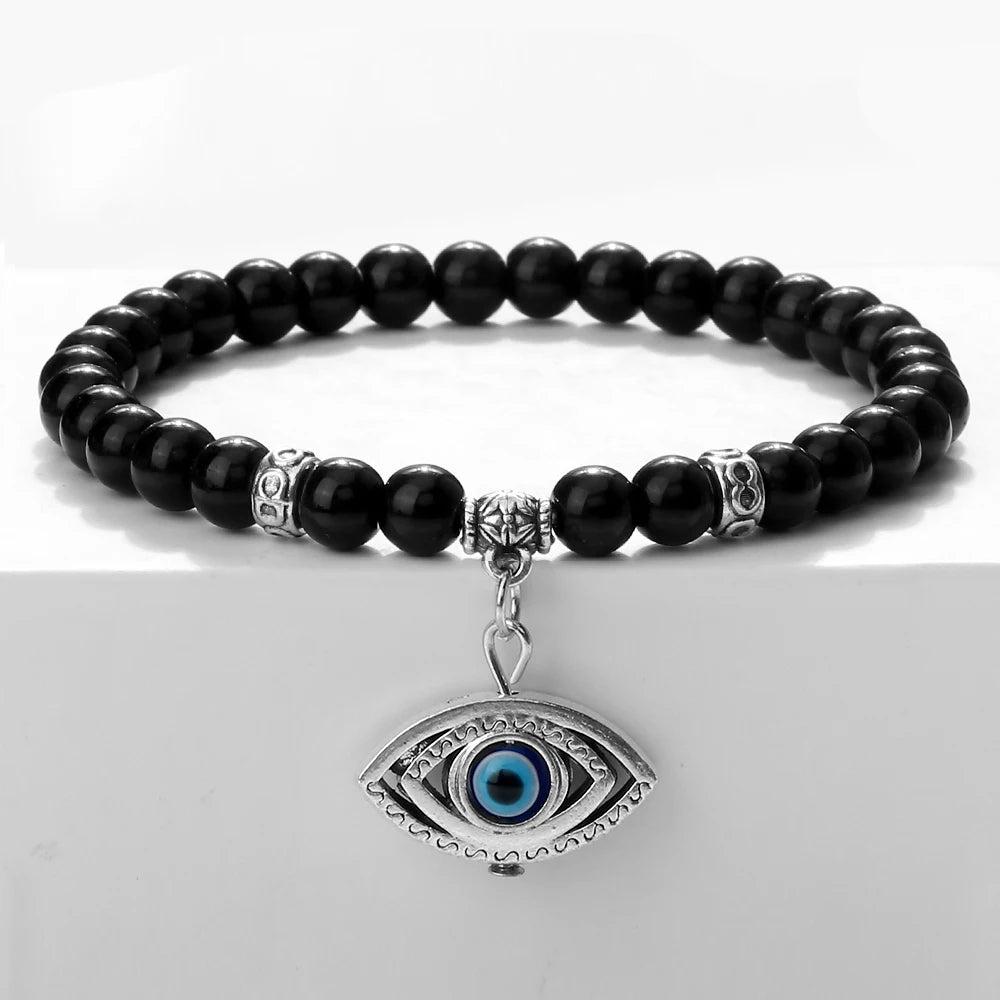 New 6MM Black Polish Beaded Bracelet Lucky Turkish Evil Eye Alloy Pendant Couple Bracelet&Bangles Chain Jewelry Gift for Friend