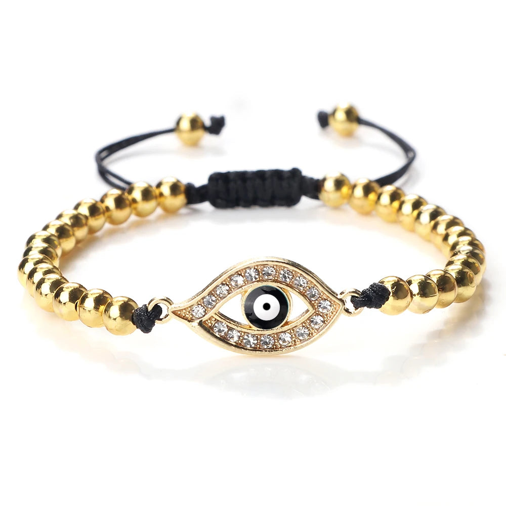 New Turkish Evil Eye Copper Beads Braided Bracelet Women Men Gold Color Healing Yoga Couple Bracelet&Bangles Chain Jewelry Gift