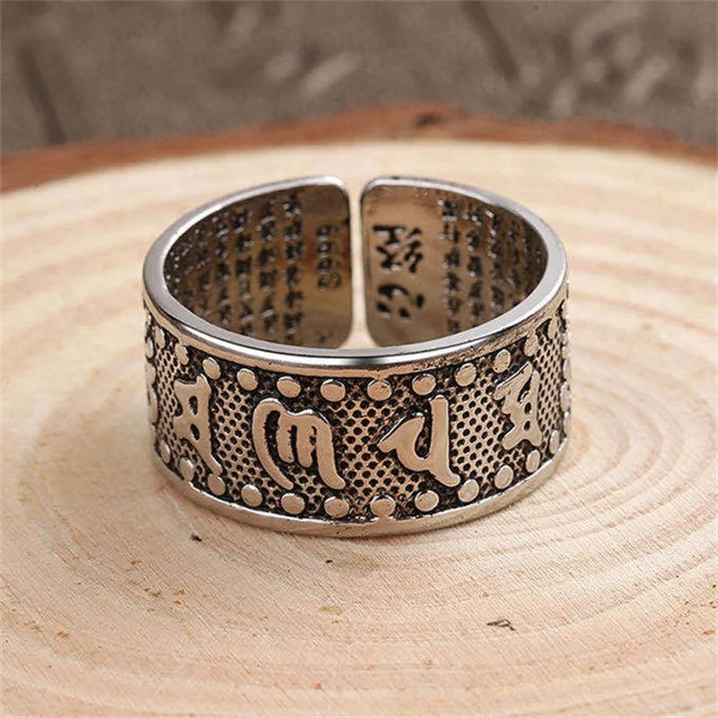 Retro Buddhism Heart Sutra Ring for Men Jewelry Wide Open Ring Male Buddha Mantra Iscripture Index Finger Accessories