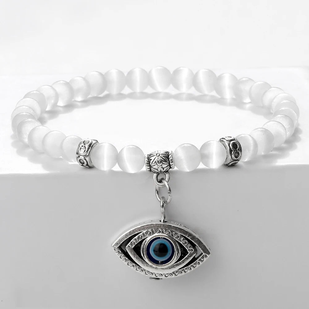 New Charm 6MM White Cat Eye Beaded Bracelet Turkish Evil Eye Butterfly Owl Turtle Pendant Bangles Chain Jewelry Gift for Friend