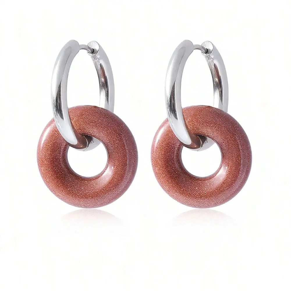 1pair Natural Stone Donut Shaped Stainless Steel Hoop Earrings Ladies Fashion Pink Crystal Agate Malachite Round Women Earrings