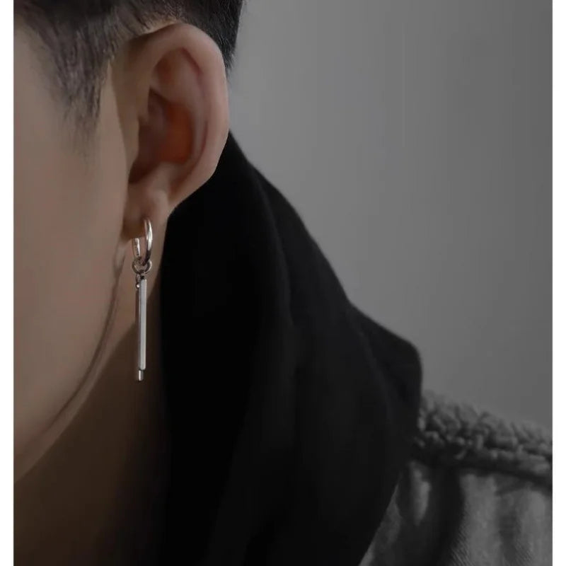 Trendy Men Earrings Minimalist Long Strip Double Stick 925 Sterling Silver Ear Buckle Male Cool Personality Dropping Earrings