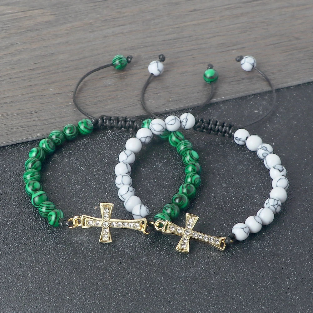 New Charm Jesus Cross Pendant Braided Bracelet 6mm Black Matte Malachite Couple Bracelet Women Men Healing Jewelry Gift