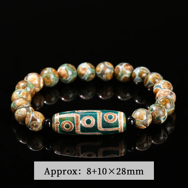 Natural Green Nine Eyes Tibetan Dzi Agate Barrel Beads Bracelet Women Men Retro Healing Buddha Prayer Charm Yoga Jewelry Gift