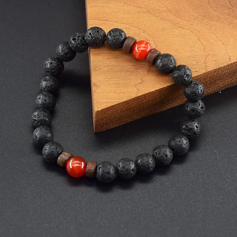 Natural Stone Red Stripe Agate Beads Bracelet Women Men Genuine Red Carnelian Round Bangle Natural Volcanic Stone Bracelet Gift