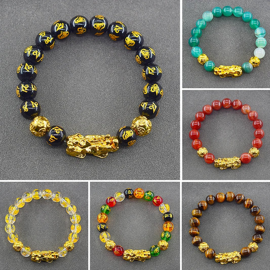 Pixiu Bracelet Feng Shui Wealth and Good Luck Bracelet Homme Wristband Gold Color Obisidian Stone Beads Black Six Character Gift
