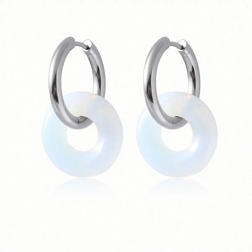 1pair Natural Stone Donut Shaped Stainless Steel Hoop Earrings Ladies Fashion Pink Crystal Agate Malachite Round Women Earrings