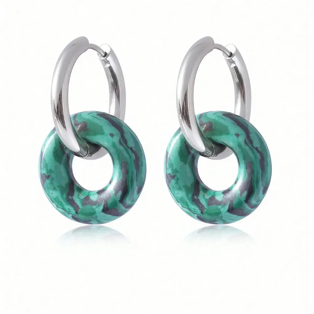 1pair Natural Stone Donut Shaped Stainless Steel Hoop Earrings Ladies Fashion Pink Crystal Agate Malachite Round Women Earrings
