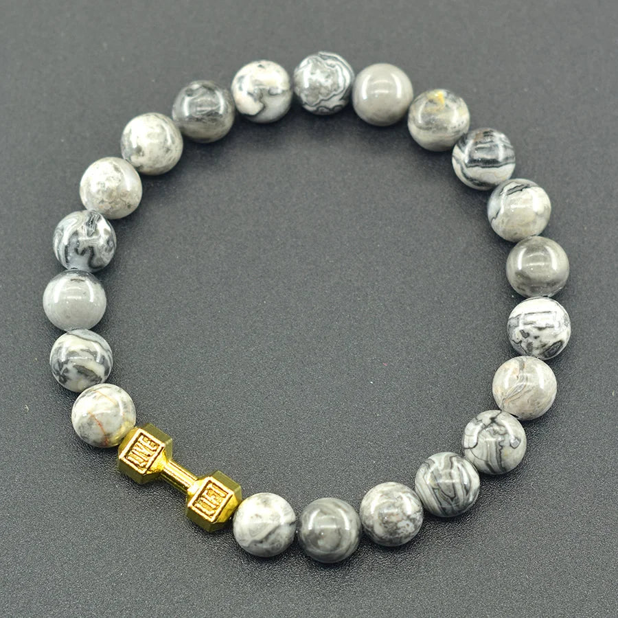 Natural Volcanic Stone Bracelet Men Matte Black Lava Obsidian Beads Charm Dumbbell Strand Bracelet Women Barbell Fitness Jewelry