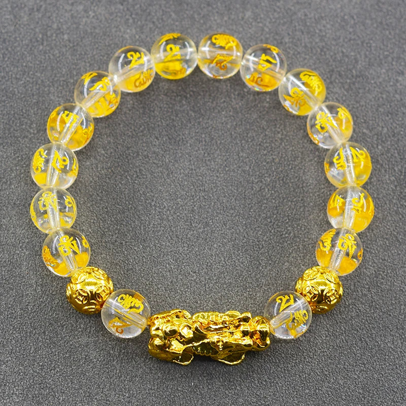 Pixiu Bracelet Feng Shui Wealth and Good Luck Bracelet Homme Wristband Gold Color Obisidian Stone Beads Black Six Character Gift