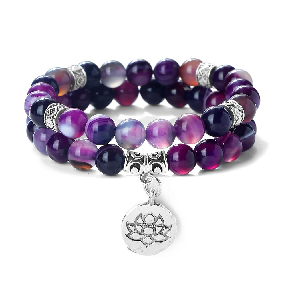 2Pcs/Set Natural Black Striped Pine Stone Bracelets Lava Bead Wristband Lotus Pendant  A Zen-inspired Healing For  Men And Women