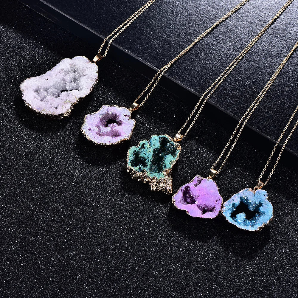 Natural Irregular Agate Charms Geode Quartz Slice Crystal Druzy Pendant Necklace DIY Jewelry Making Natural Agate Slice Necklace