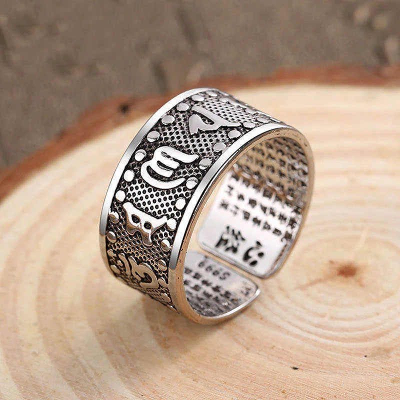 Retro Buddhism Heart Sutra Ring for Men Jewelry Wide Open Ring Male Buddha Mantra Iscripture Index Finger Accessories