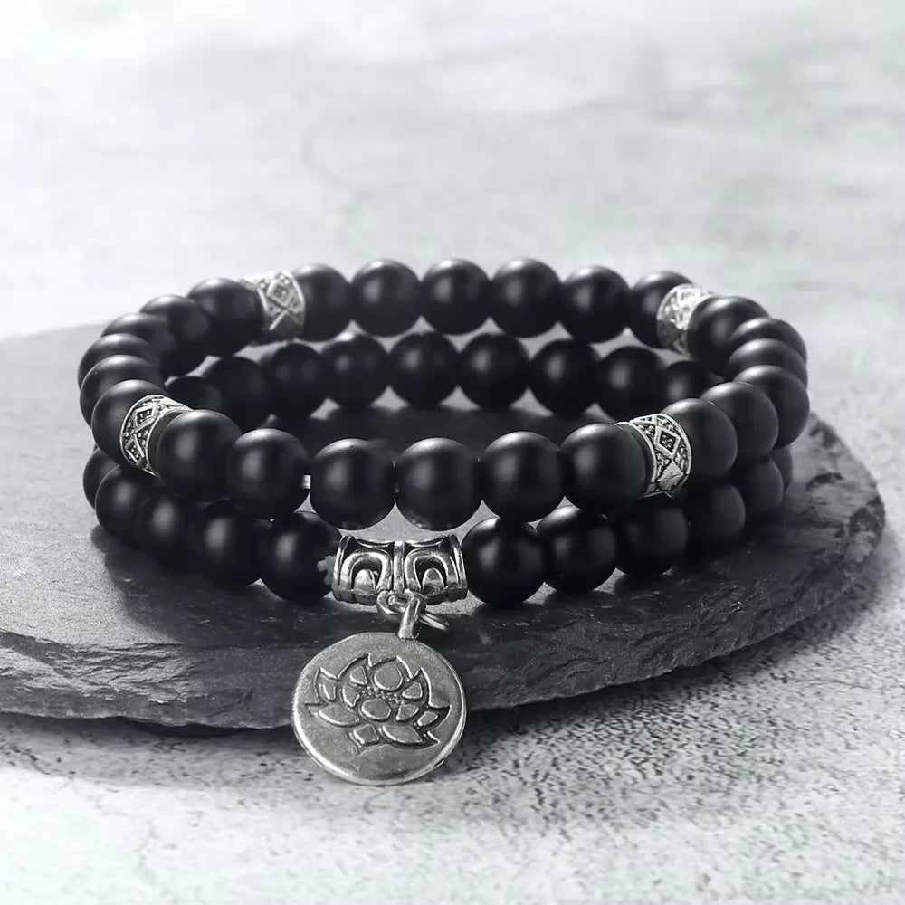 2Pcs/Set Natural Black Striped Pine Stone Bracelets Lava Bead Wristband Lotus Pendant  A Zen-inspired Healing For  Men And Women