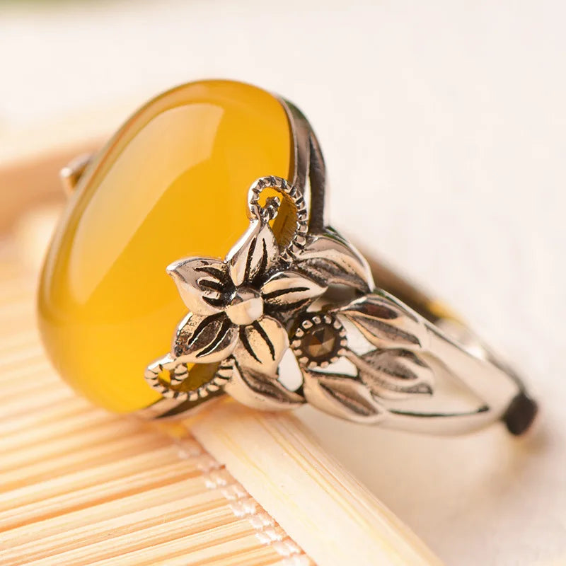 Vintage Jade Egg-shaped Ring Female Index Finger Accessories Temperament Flower Ring Women Jewelry Adjustable