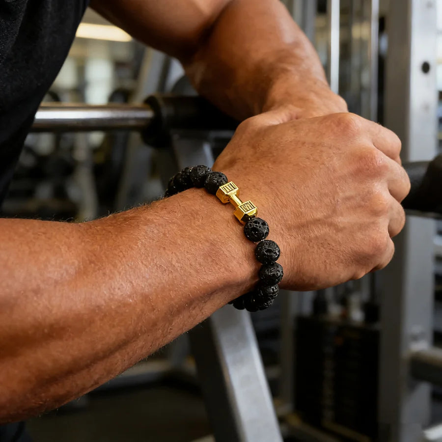 Natural Volcanic Stone Bracelet Men Matte Black Lava Obsidian Beads Charm Dumbbell Strand Bracelet Women Barbell Fitness Jewelry