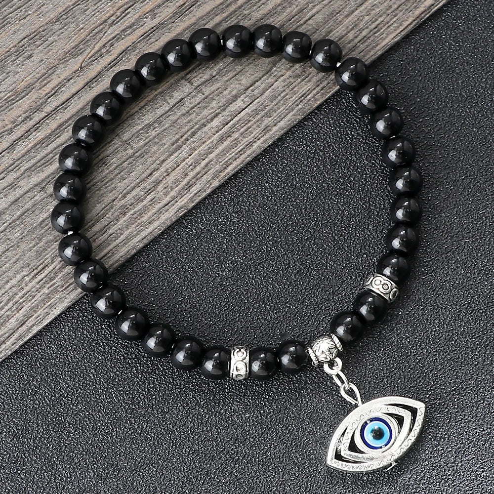 New 6MM Black Polish Beaded Bracelet Lucky Turkish Evil Eye Alloy Pendant Couple Bracelet&Bangles Chain Jewelry Gift for Friend