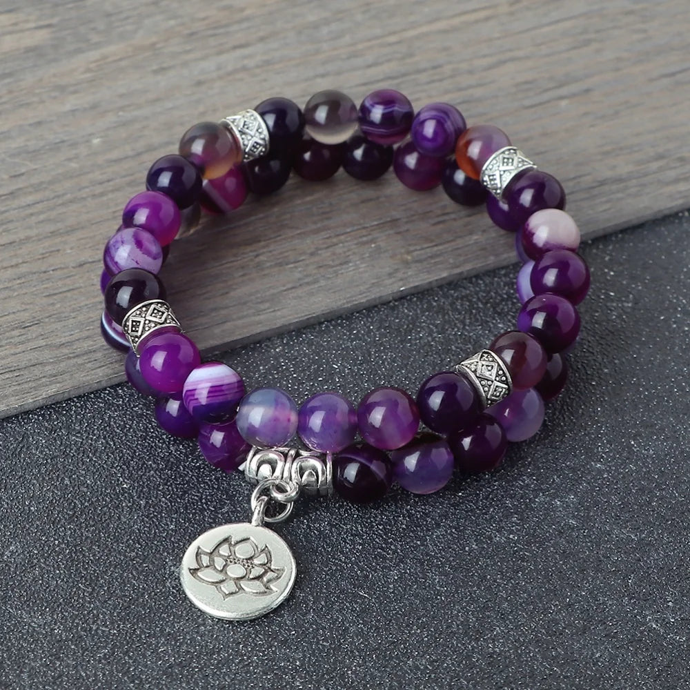 2Pcs/Set Natural Black Striped Pine Stone Bracelets Lava Bead Wristband Lotus Pendant  A Zen-inspired Healing For  Men And Women