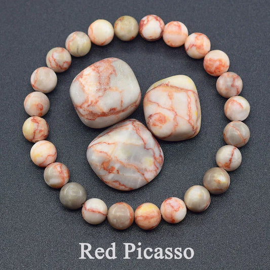 Natural Stone Round Red Spider Web Stripe Network Beads Bracelet Women Stretch Handmade Jewelry Men Red Picasso Beads Wholesale