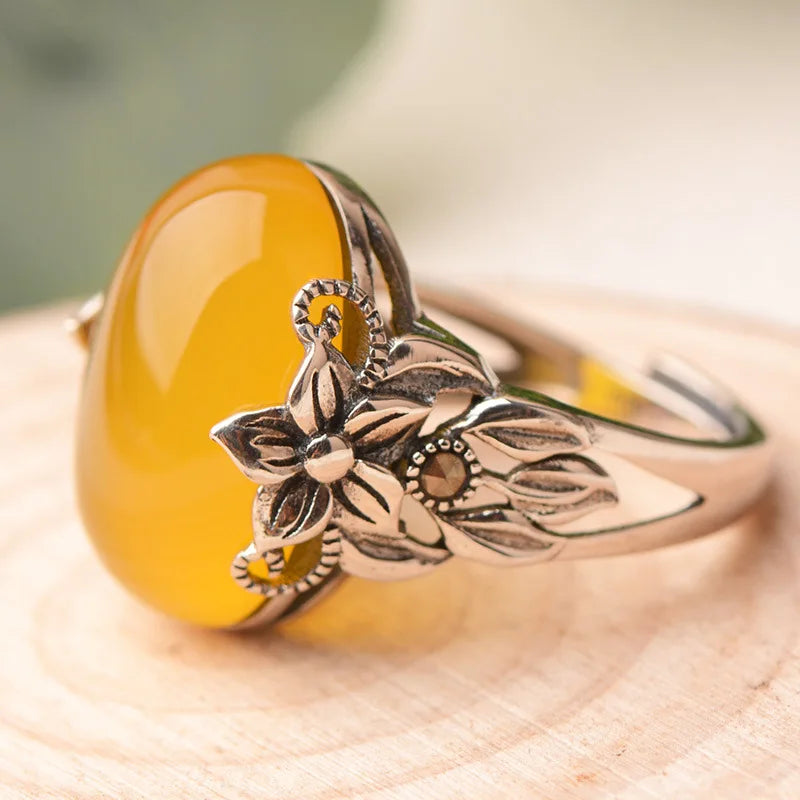 Vintage Jade Egg-shaped Ring Female Index Finger Accessories Temperament Flower Ring Women Jewelry Adjustable