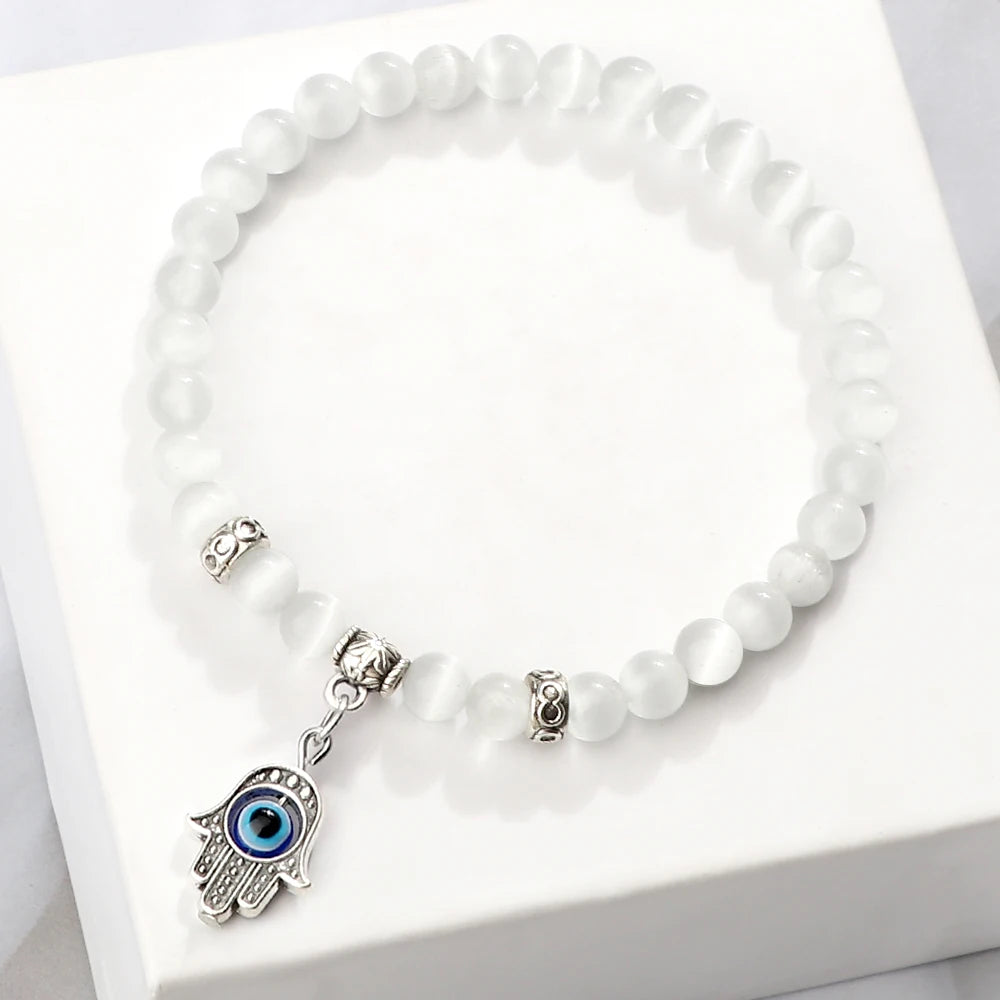 New Charm 6MM White Cat Eye Beaded Bracelet Turkish Evil Eye Butterfly Owl Turtle Pendant Bangles Chain Jewelry Gift for Friend