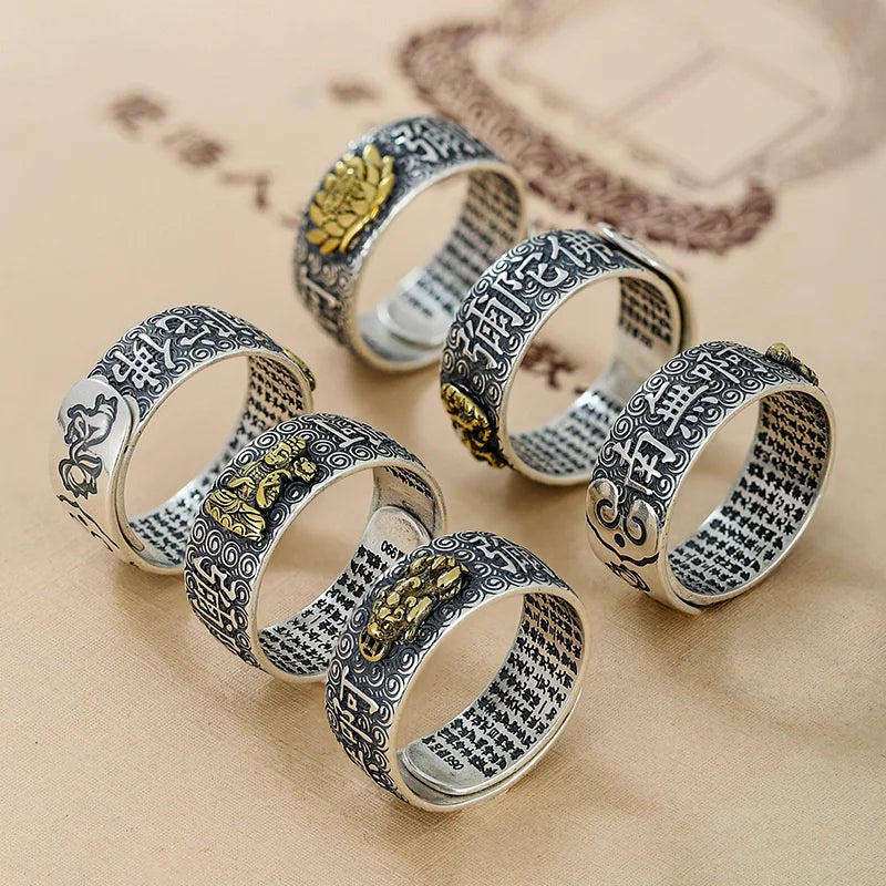Namo Amitabha Lotus Ring For Men Jewelry Retro Dragon Buddha Buddhist Heart Sutra Ring Male Index Finger Accessories Open Size