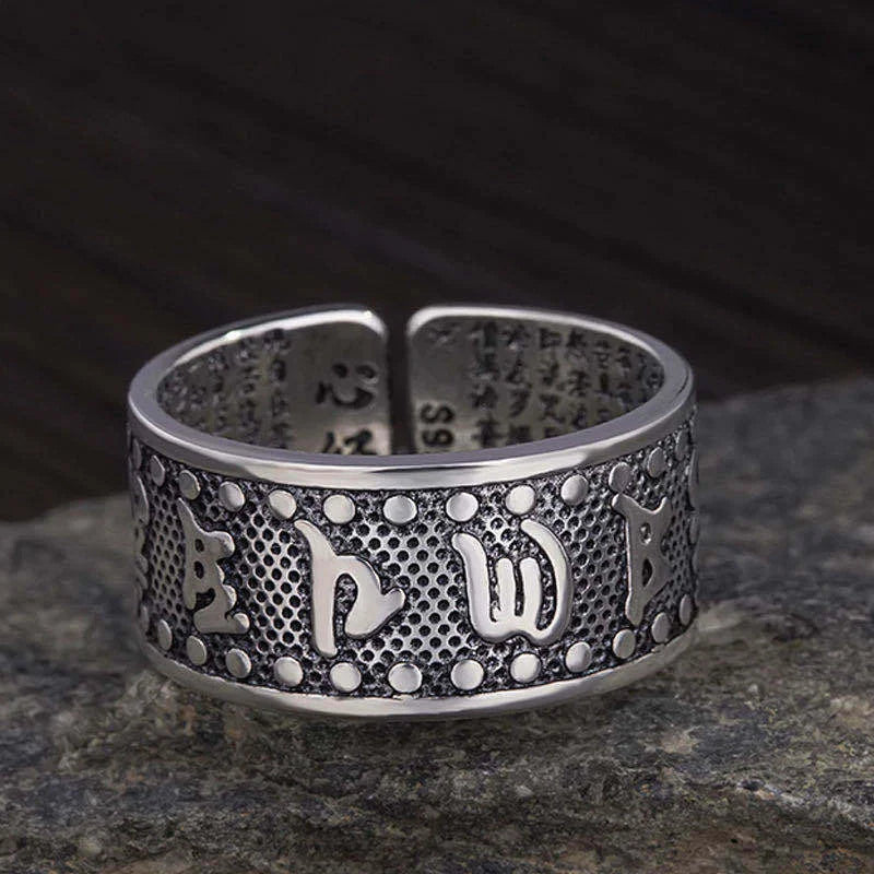 Retro Buddhism Heart Sutra Ring for Men Jewelry Wide Open Ring Male Buddha Mantra Iscripture Index Finger Accessories