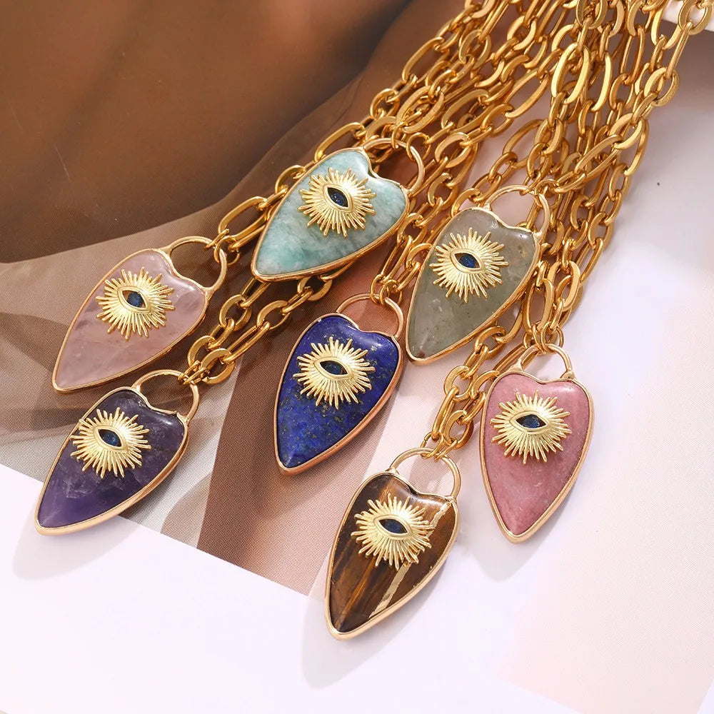 1pc Devil's Eye Heart Natural Stone Pendant Amethyst Pink Crystal Necklace for Women Jewelry Gift