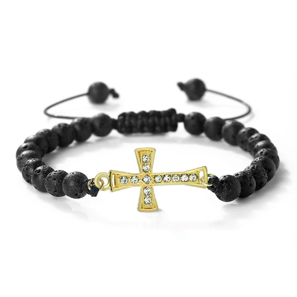 New Charm Jesus Cross Pendant Braided Bracelet 6mm Black Matte Malachite Couple Bracelet Women Men Healing Jewelry Gift