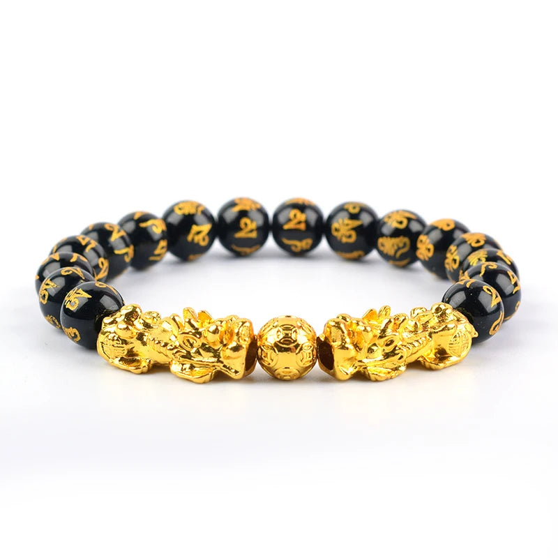 Feng Shui Obsidian Stone Beads Bracelet Men Women Wristband Gold Color Wealth and Good Luck Six Character Proverbs Bracelet