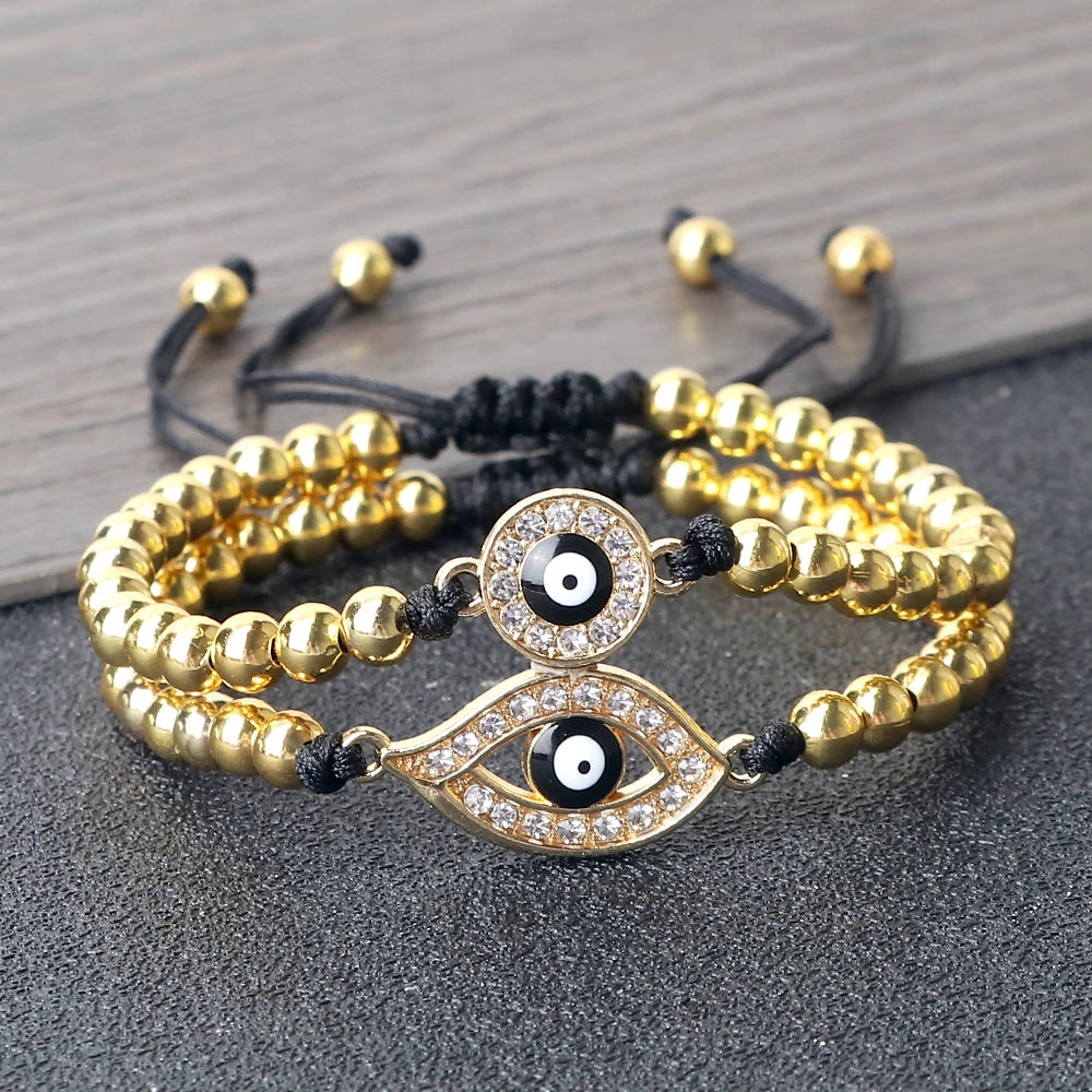 New Turkish Evil Eye Copper Beads Braided Bracelet Women Men Gold Color Healing Yoga Couple Bracelet&Bangles Chain Jewelry Gift