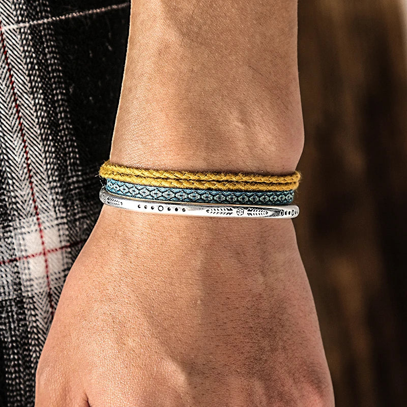 Lucky Woven Rope Handmade Bracelets For Women Men Simple 925 Tibetan Silver Bangle Adjustable 3PC Charm Bohemian Styles Gift