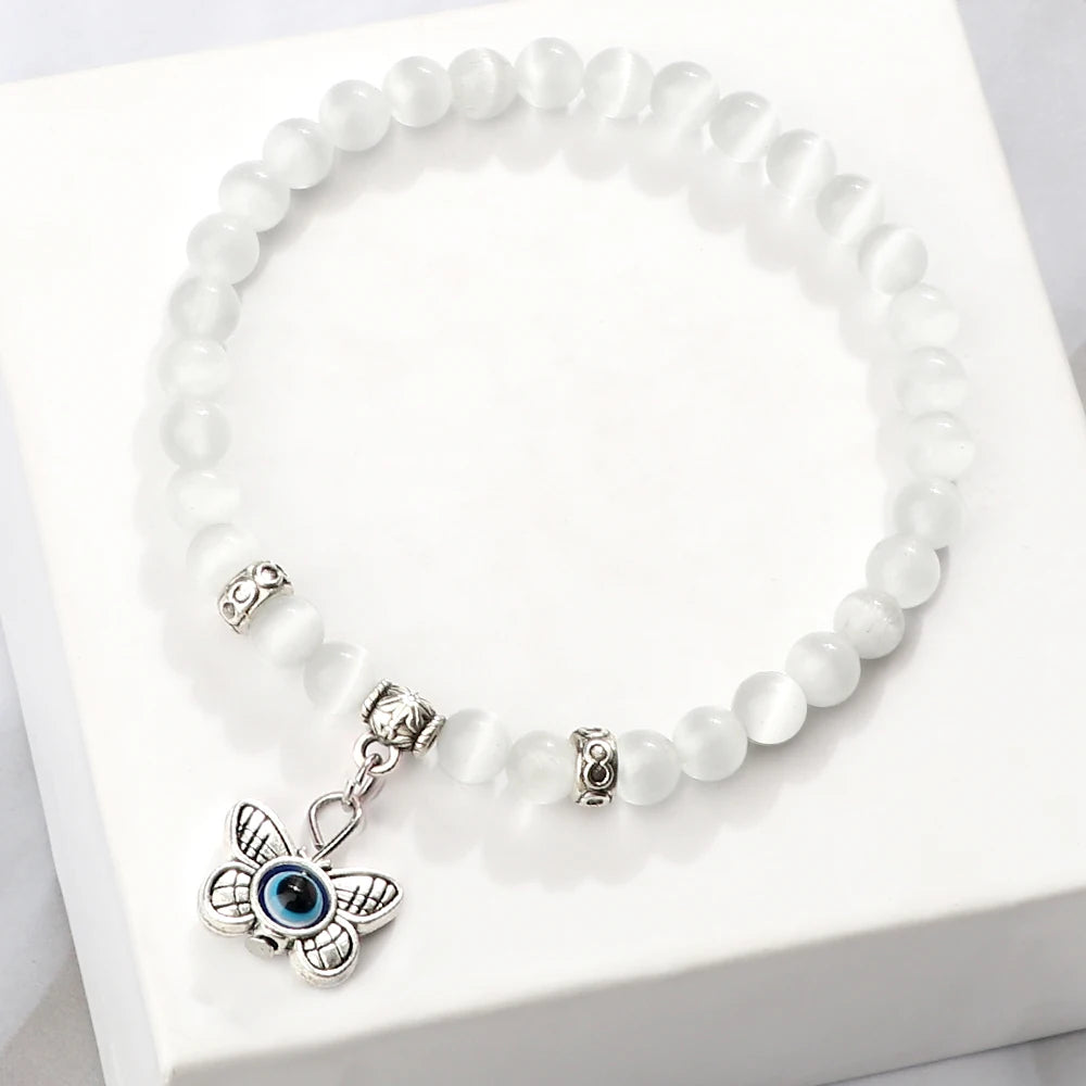 New Charm 6MM White Cat Eye Beaded Bracelet Turkish Evil Eye Butterfly Owl Turtle Pendant Bangles Chain Jewelry Gift for Friend