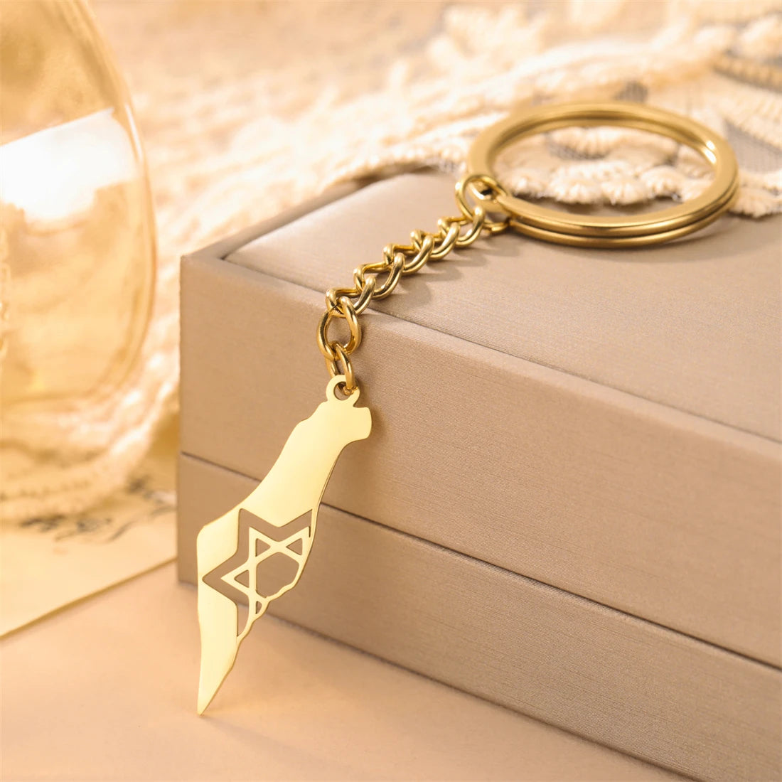 Fashion Israel Map Keychain Stainless Steel Hollow Hexagram Star of David Keychain Religious Jewelry Gift Wholesale