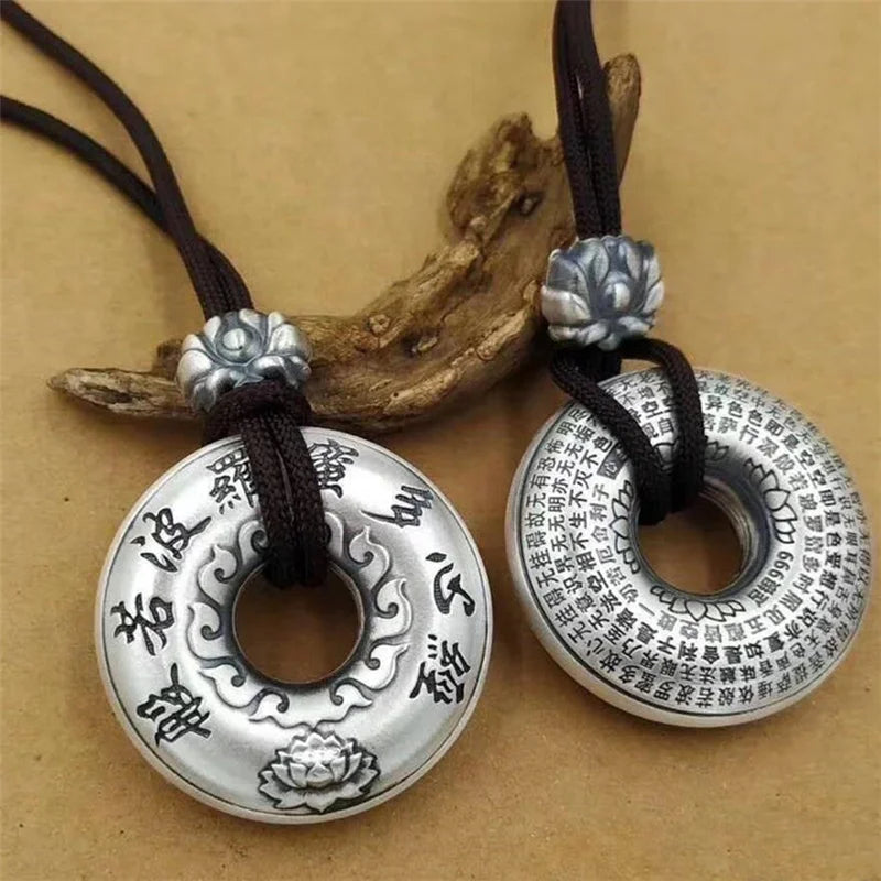 Silver Retro Lotus Buddha Sutra Six-character Mantra Pendant Necklace For Men Women Jewelry Ethnic Black Rope Male Necklace Amulet Gift