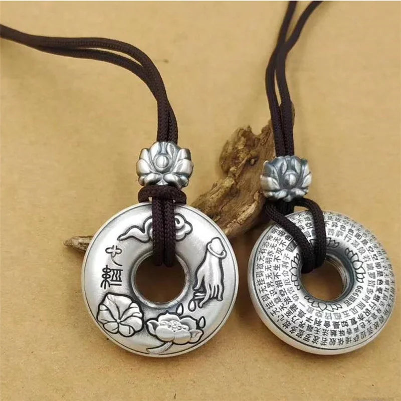 Silver Retro Lotus Buddha Sutra Six-character Mantra Pendant Necklace For Men Women Jewelry Ethnic Black Rope Male Necklace Amulet Gift