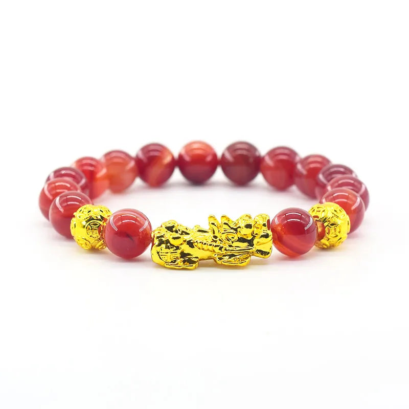 Pixiu Bracelet Feng Shui Wealth and Good Luck Bracelet Homme Wristband Gold Color Obisidian Stone Beads Black Six Character Gift