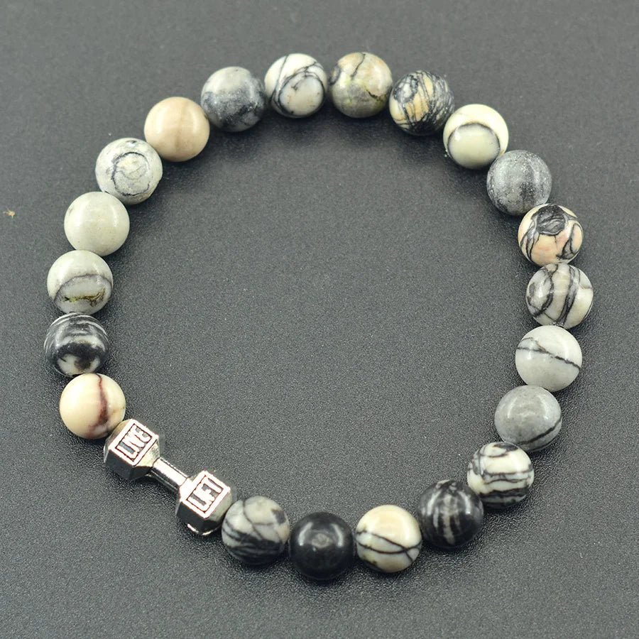 Natural Volcanic Stone Bracelet Men Matte Black Lava Obsidian Beads Charm Dumbbell Strand Bracelet Women Barbell Fitness Jewelry
