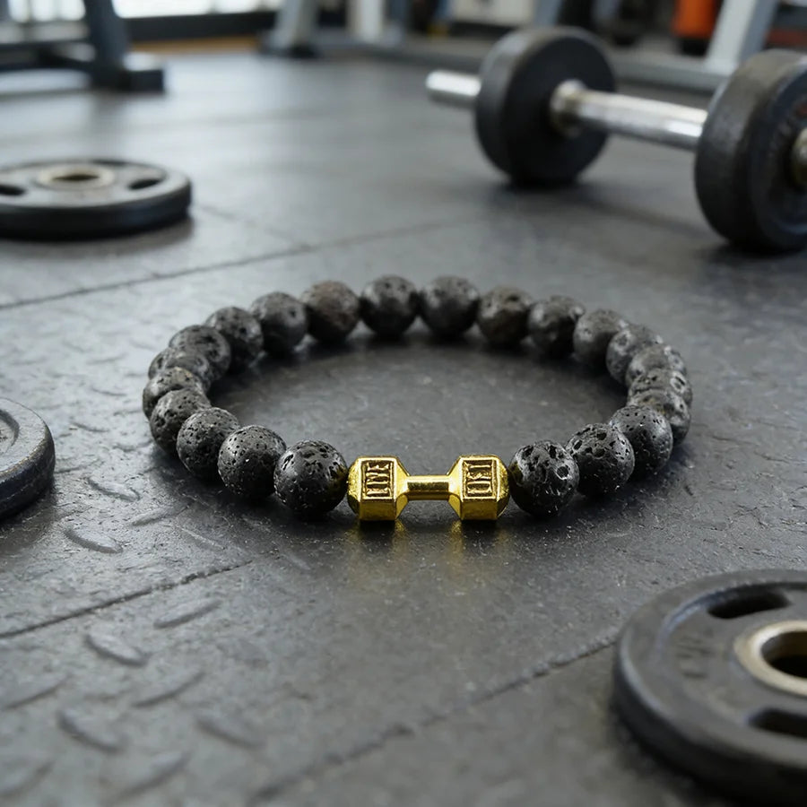 Natural Volcanic Stone Bracelet Men Matte Black Lava Obsidian Beads Charm Dumbbell Strand Bracelet Women Barbell Fitness Jewelry