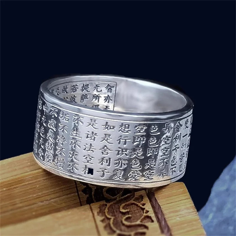 Blessing Prajnaparamita Heart Sutra Ring For Men Jewelry Ethnic Style Vintage Heart Meridian Ring Women Finger Accessories