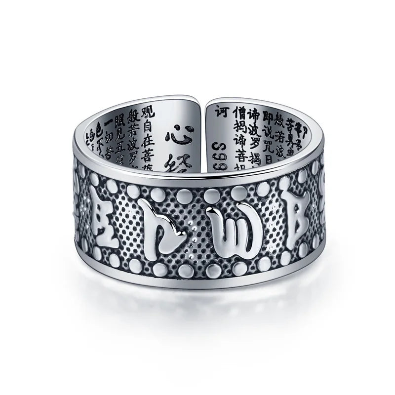 Retro Buddhism Heart Sutra Ring for Men Jewelry Wide Open Ring Male Buddha Mantra Iscripture Index Finger Accessories