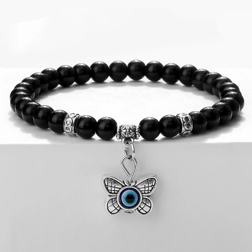 New 6MM Black Polish Beaded Bracelet Lucky Turkish Evil Eye Alloy Pendant Couple Bracelet&Bangles Chain Jewelry Gift for Friend
