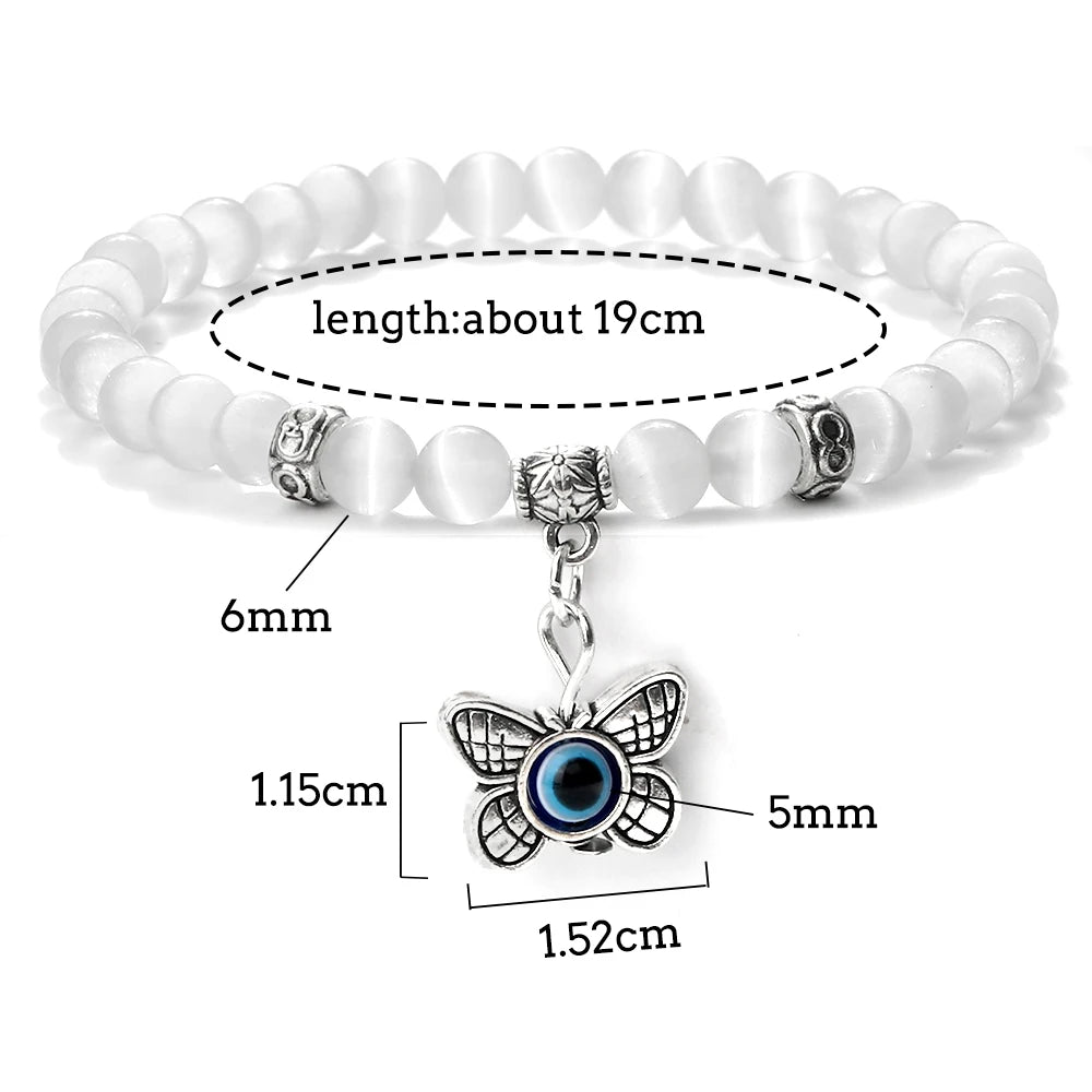 New Charm 6MM White Cat Eye Beaded Bracelet Turkish Evil Eye Butterfly Owl Turtle Pendant Bangles Chain Jewelry Gift for Friend