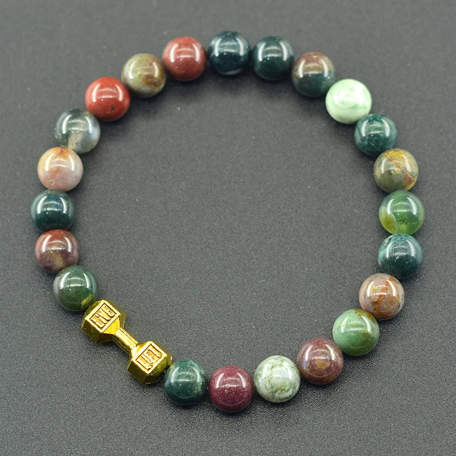 Natural Volcanic Stone Bracelet Men Matte Black Lava Obsidian Beads Charm Dumbbell Strand Bracelet Women Barbell Fitness Jewelry