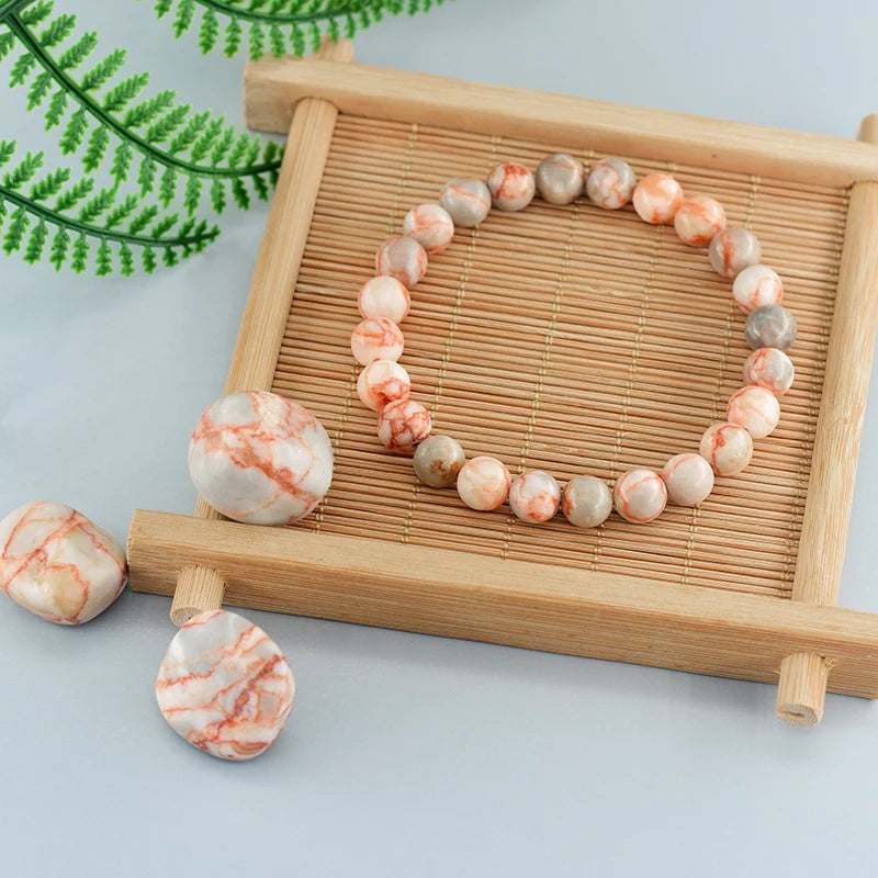 Natural Stone Round Red Spider Web Stripe Network Beads Bracelet Women Stretch Handmade Jewelry Men Red Picasso Beads Wholesale