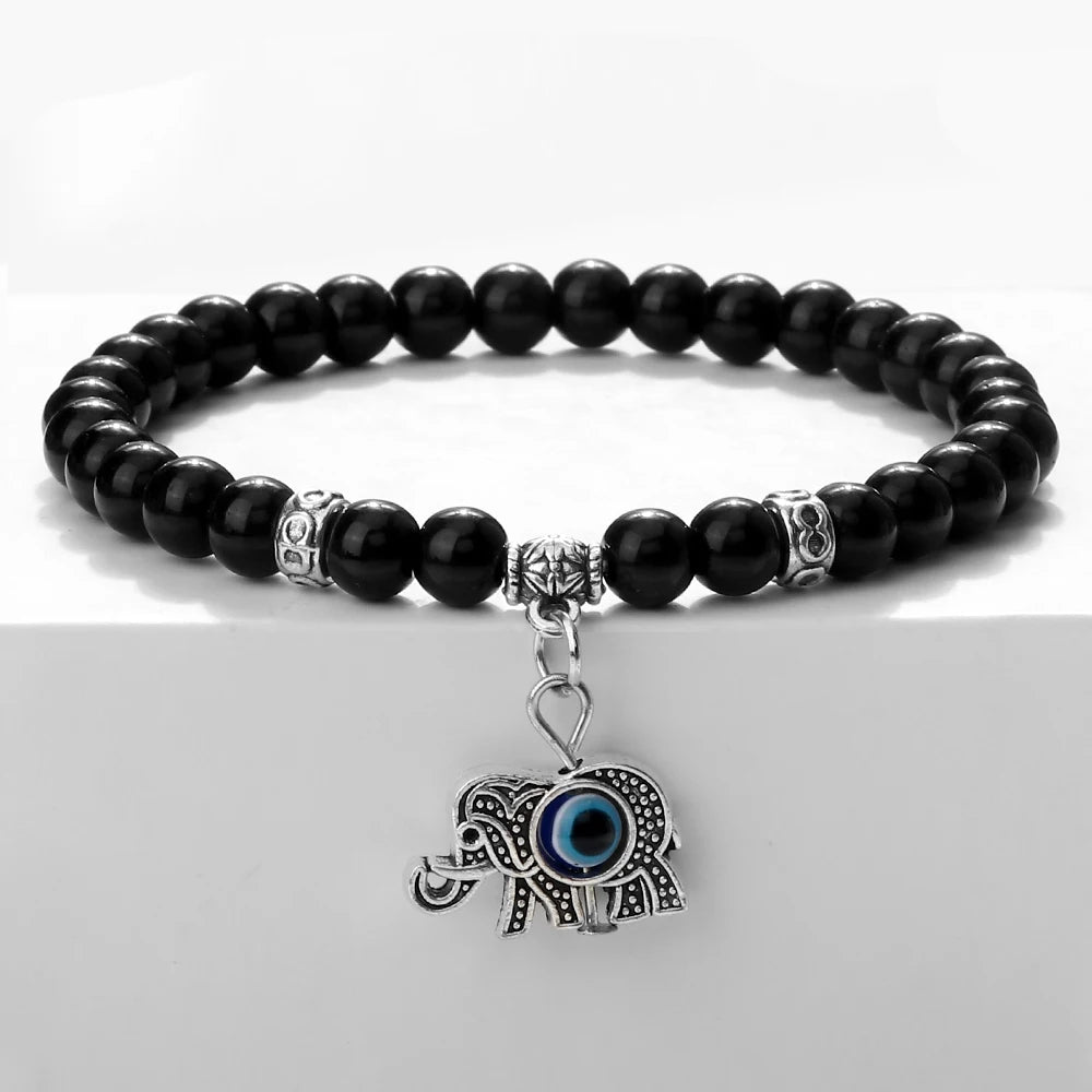 New 6MM Black Polish Beaded Bracelet Lucky Turkish Evil Eye Alloy Pendant Couple Bracelet&Bangles Chain Jewelry Gift for Friend