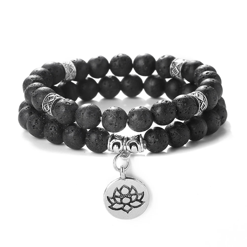 2Pcs/Set Natural Black Striped Pine Stone Bracelets Lava Bead Wristband Lotus Pendant  A Zen-inspired Healing For  Men And Women